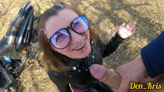 cutie in a leather jacket has hard anal sex on a scooter to wash her face with cum