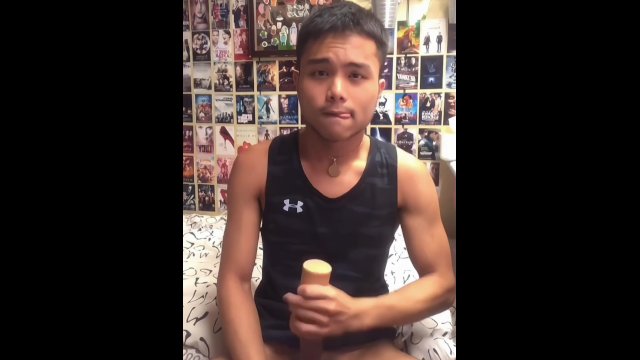 Asian boy tried masturbator and cock rings