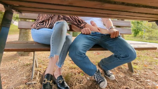 Public Handjob in the woods and a big load of cum
