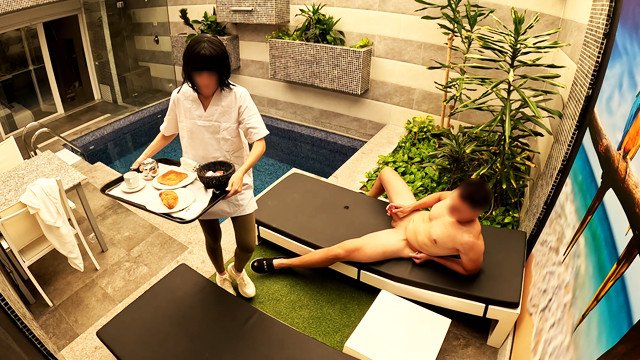 I jerk off in the private pool when the room service girl brings me breakfast