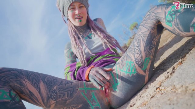 Dreadhead horny HIPPIE girl gets ANAL fuck outdoors by tattooed dick - POV