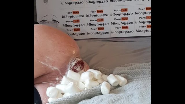 Anal Twink insert 24+ large Marshmallow up his ass till creamy huge anal prolapse.