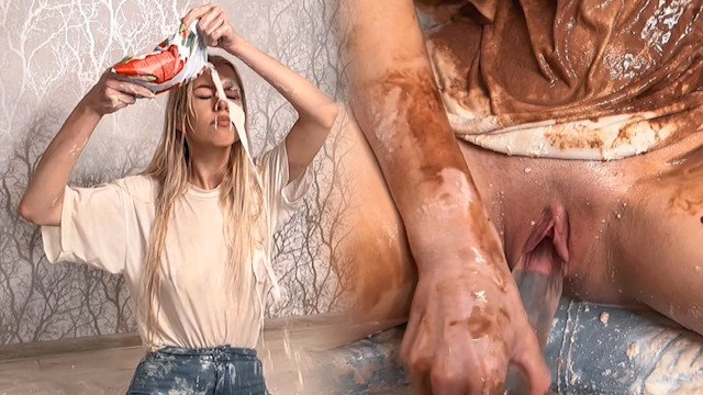 Messing myself with cream and chocolate syrup. Playing with my pussy, squirting and peeing myself