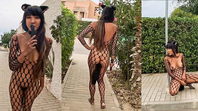 Horny Cat Costume with Butt Plug Tail Public Challenge