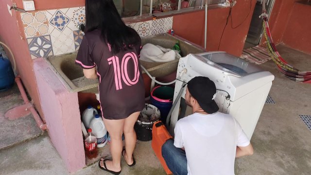 hotwife receives washing machine technician while cuckold is at work