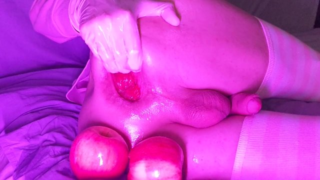 Sissy femboy fisting and gape, 2 juicy apples in my lubed open asshole