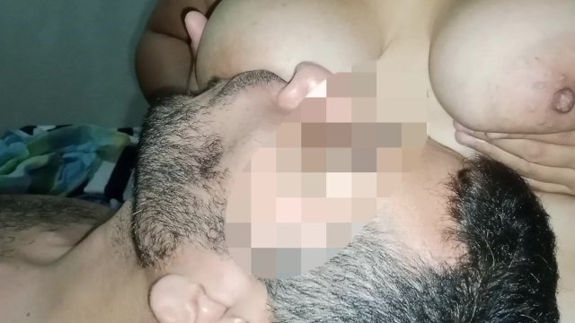Breastfeeding my husband with my big tits, he bites my hard nipples