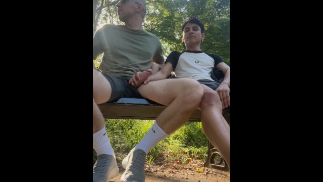 Sneaky jerk and suck on public park bench