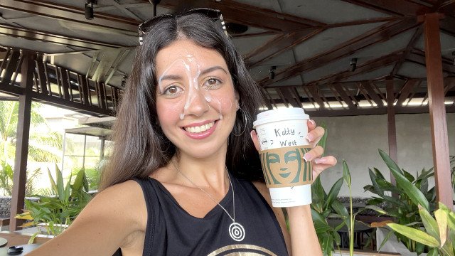 Blowjob in a Public Toilet Starbucks and Cumwalk - She drinks coffee with cum on face among people