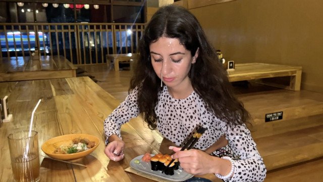 I cum on a girl's face in Public Sushi Bar and she eats rolls with Cum on her face - Cumwalk