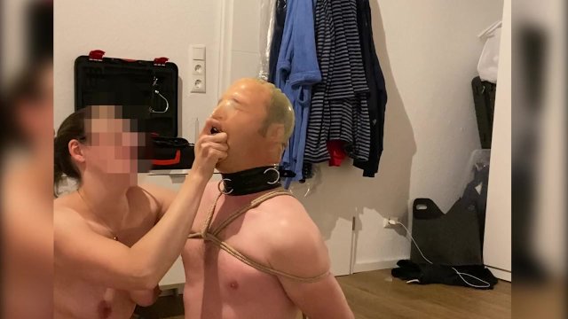 Mistress gives sensual breathplay and deepthroat training for slave in bondage