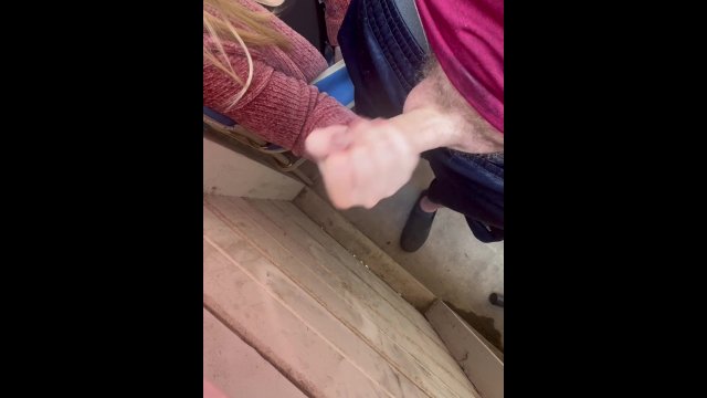 Babysitter jerks cock off on the patio during a busy day