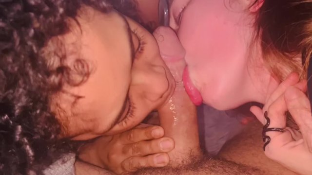 Two babes suck huge cock and enjoy it!!!