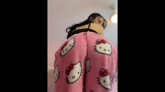 Pretty brunette Arab bouncing big fat ass in hello kitty pajamas