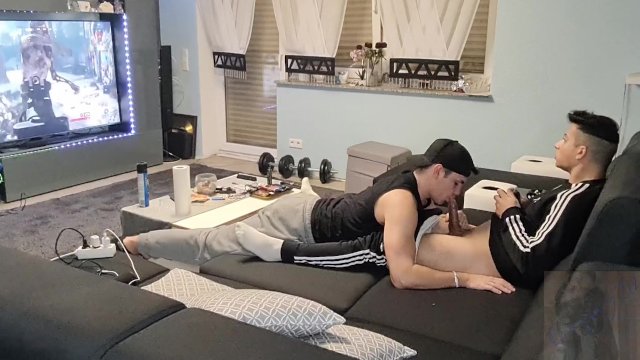 My boy surprised me with a nice blowjob while I was gaming and I shot my cum in his mouth