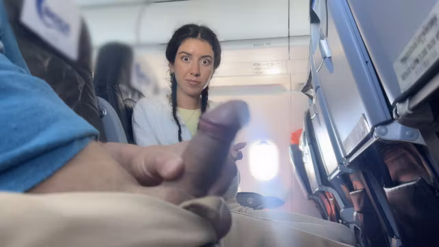 Risky Public Handjob Until Huge Cumshot in Airplane - Almost Caught