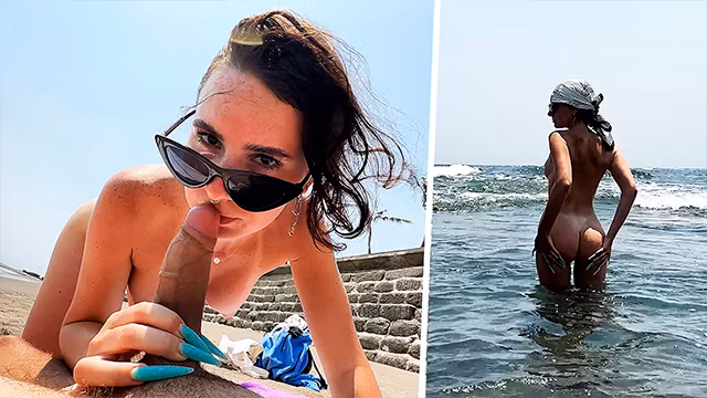 Public blowjob on the beach from a big-assed beauty