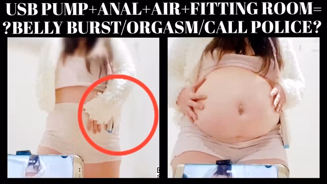 Babe in a changing room tests if her belly explodes after inflation