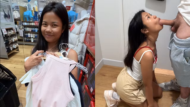 Une asiatique de 18 ans suce une grosse bite dans une cabine d'essayage et avale du sperme