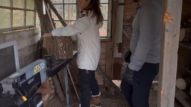 Husband gets horny and fucks hot milf-wife outside from behind after seeing splitting wood