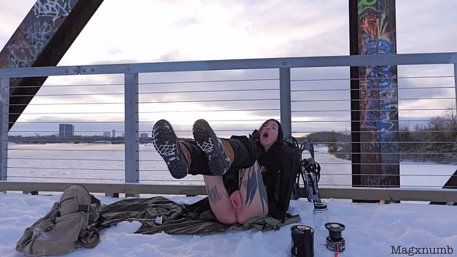 Masterbating outside and Giving my pussy frost bite with an icicle