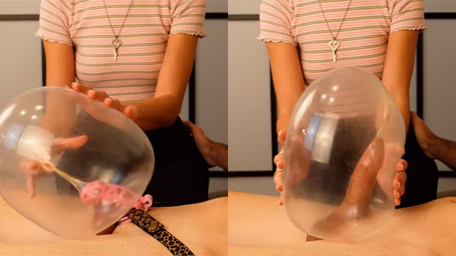Chastity cuck teasing with an inflated condom, fun femdom chastity. Balloon fetish lovers.