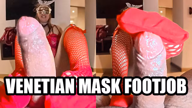 Red Fishnet Footjob – Venetian Mask Latina Feet Stroke Closeup