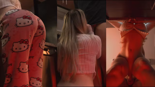 Roommate fucks me hard in the kitchen and creampies my tight pussy