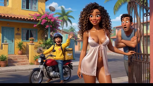 Slim Curly Brazilian Wife Gets Naked For Motoboy And Kisses Him On Sofa While Husband Watches (AI generated)