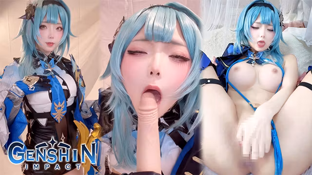 A Japanese horny girl cosplaying as Eula from Genshin Impact gets aroused by masturbating alone.