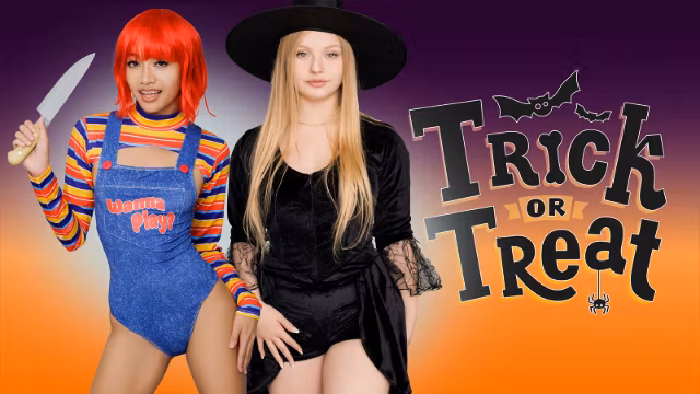 Busty Kylie and Jade Stepdad Into a Halloween Threesome