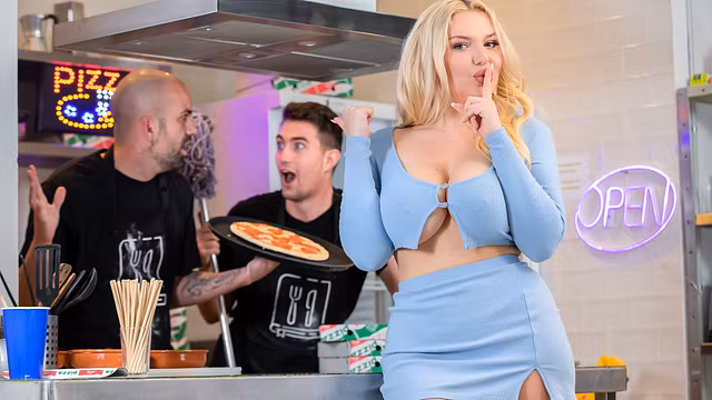 Curvy Blonde Takes a Cum Facial Then Gets Her Cunt and Ass Fucked by Three Cocks in the Kitchen