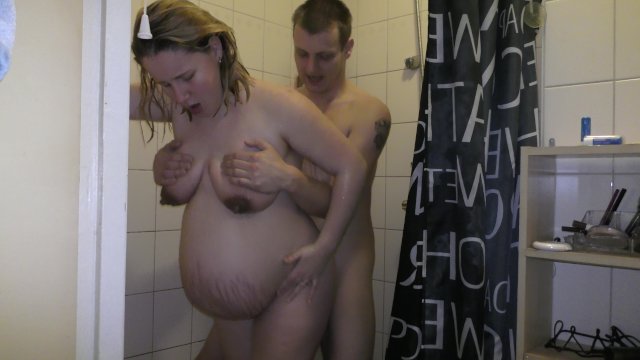 pregnant showering and boob cumshot