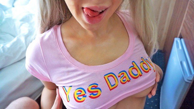 Sweet stepdaughter sucks my cock while I do the job - hot cum in throat cim
