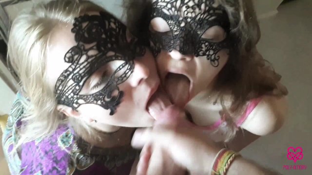 Polyamory video #32 Double swallow blowjob in the mirror