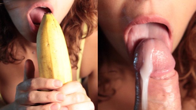 Pompino alla Banana con sorpresa. Bella leccata di frenulo con sborrata