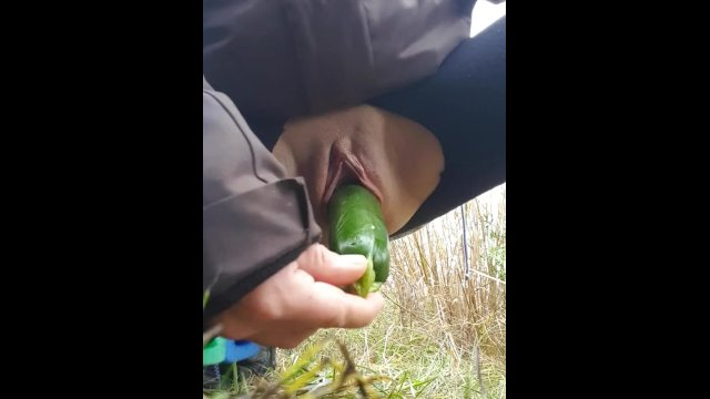 Horny Little Milf Fucks A Zucchini Outside In Public By The Highway!