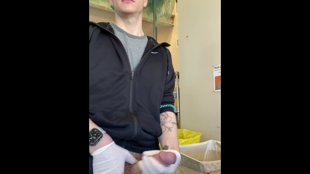 Jerking off at work AT THE COUNTER!! with risky cumshot