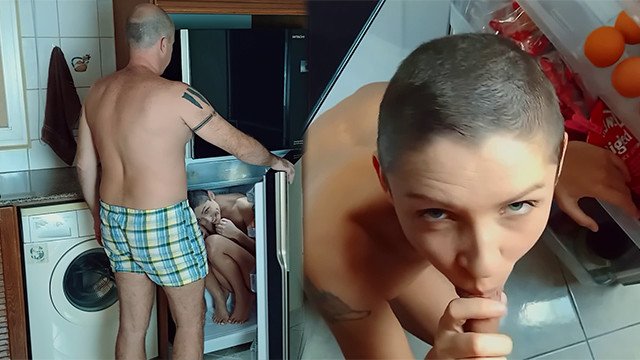Naughty girl hid in the fridge and surprised neighbor dry suck his cock