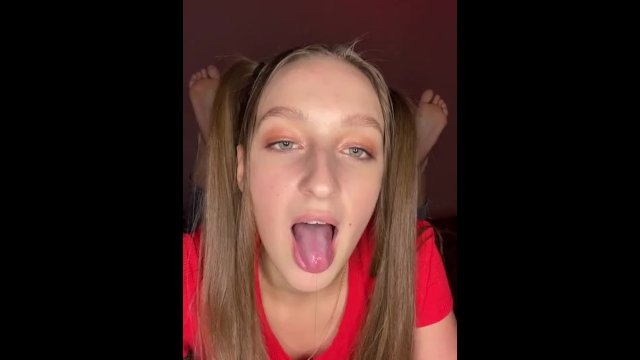 tongue showing. Open my mouth for you. Saliva gaging
