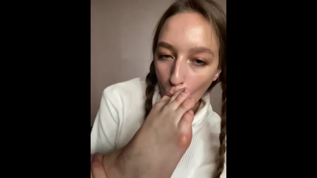 with pigtails self worship. Toes sucking and licking