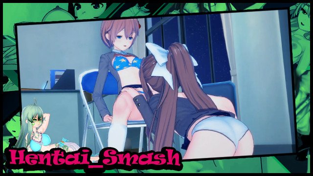 Sayori fucks Monika with a strapon in the club room - Doki Doki Literature Club hentai.