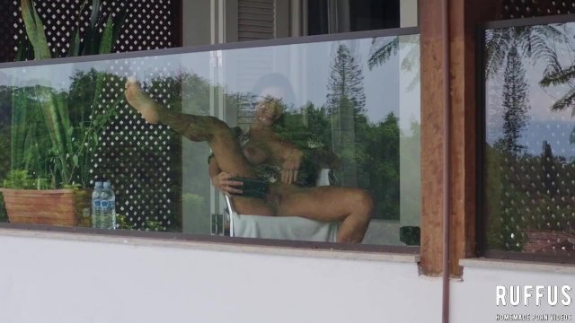 Spying on slut neighbor masturbating on balcony