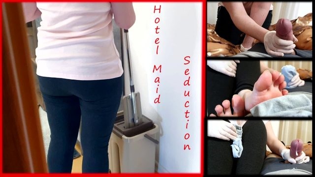 Hotel maid caught me, sniffing feet on face handjob in gloves and cleaning cum with her socks