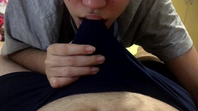 Handjob and blowjob over underwear, cum in pants