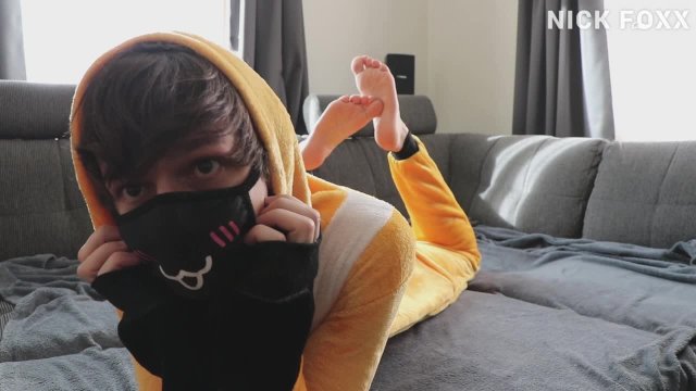 Twink boy massive cumshot in cute fox onesie intense orgasm loud moaning