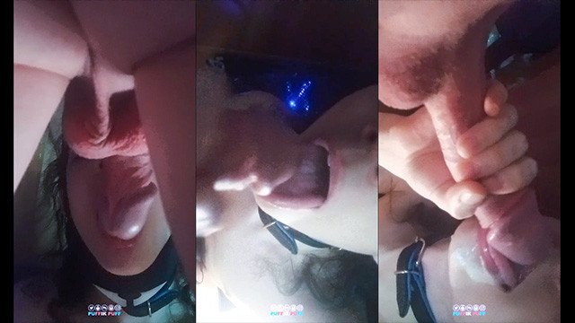 My cute pet pleasure me under the table by sucking my big cock and getting wet when I cum in mouth