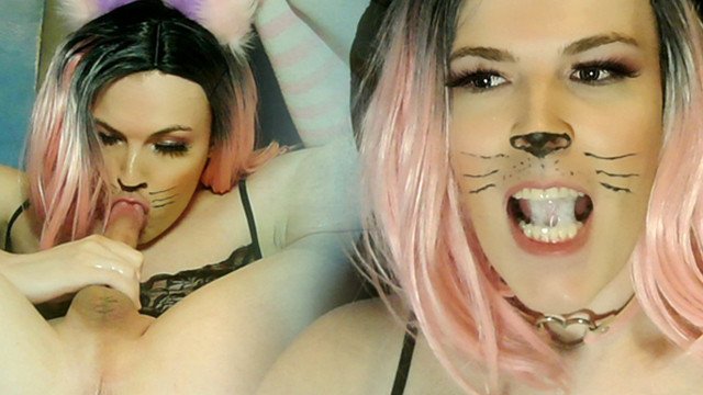 Transgirl Big Cock Play & Self Suck Cumswallow - Jessica Bloom in Cat Girl Makeup