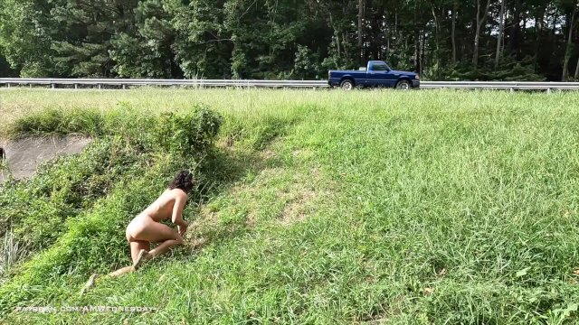 Crawling completely naked in public next to the road