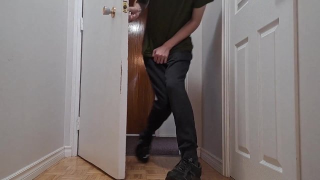 Cute trans girl is locked out of the bathroom and has a desperate accident